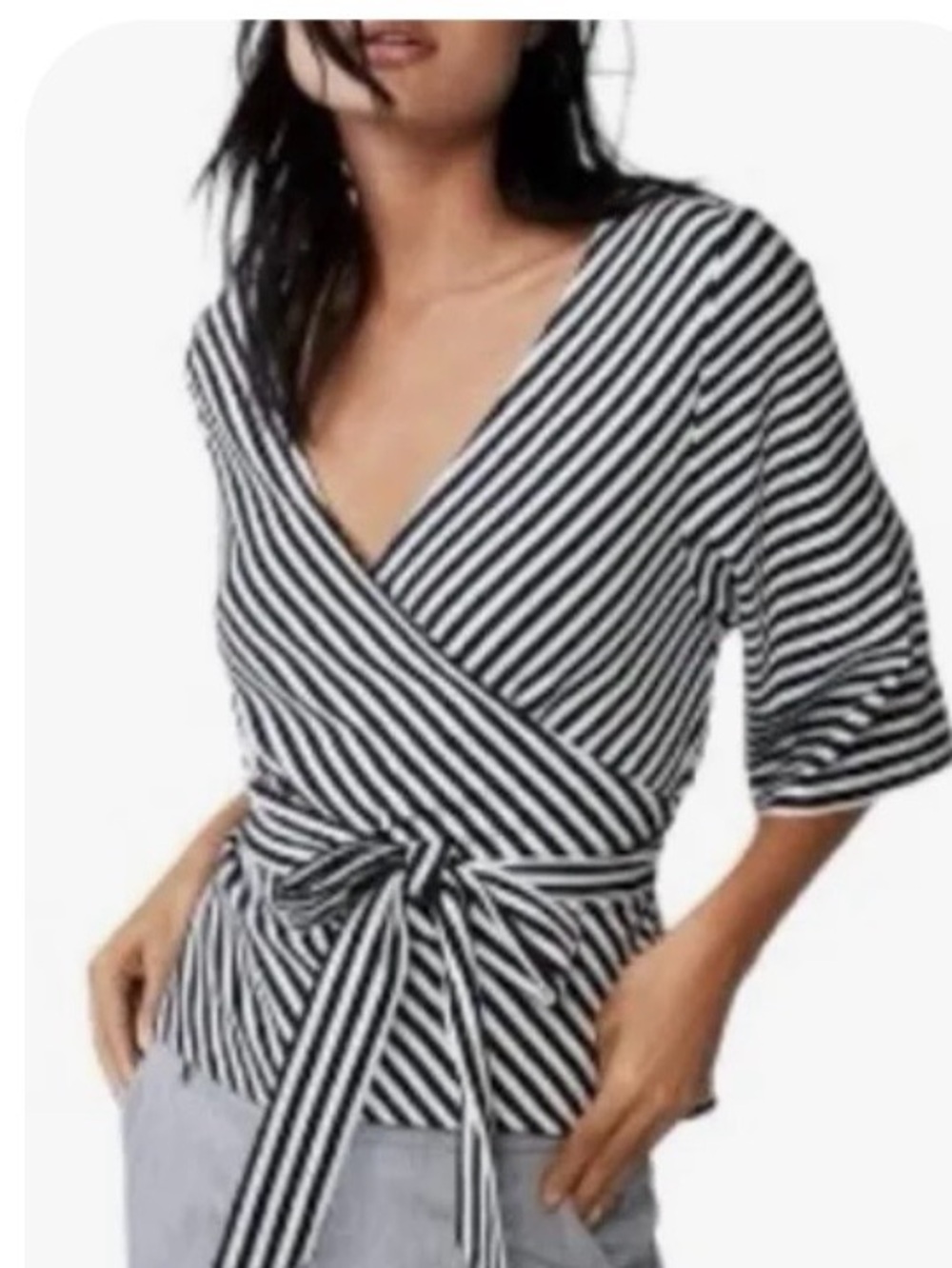 Express Black and White Striped Wrap Tie Blouse